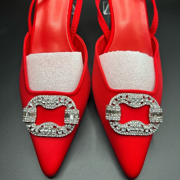 Women’s Red Cloth Kitten Heel Pointy Closed Toe Sandals Size 43 EUR  11 1/2 US - Picture 3 of 12